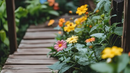 Wooden path garden flowers walkway serenity