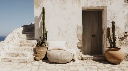 Coastal patio cushion, cacti, door, steps, sea view