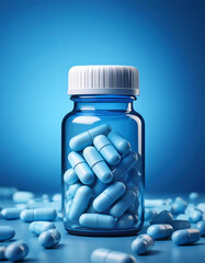 Jar with scattered pills on blue background, creative medical or insurance template