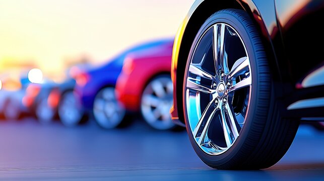 A close-up of a car wheel with a shiny rim, set against a backdrop of colorful vehicles and a sunset, highlighting automotive design and aesthetics.