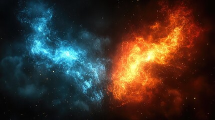 Vivid clash of blue and orange cosmic flames swirling in a dark, starry background