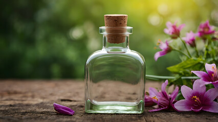 Transparent glass bottles for oils with natural cork around lilac flowers nature