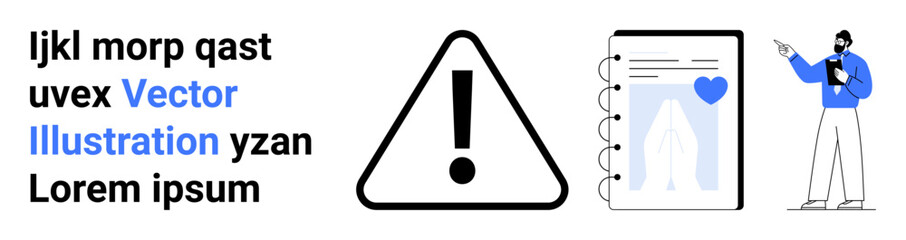 Triangle alert icon, spiral notebook with graph and heart symbol, person pointing and holding a tablet. Ideal for safety awareness, education, training, presentations, analysis, design resources