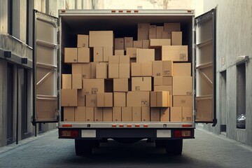 Trailer filled with cardboard boxes, a shipment mockup scene.