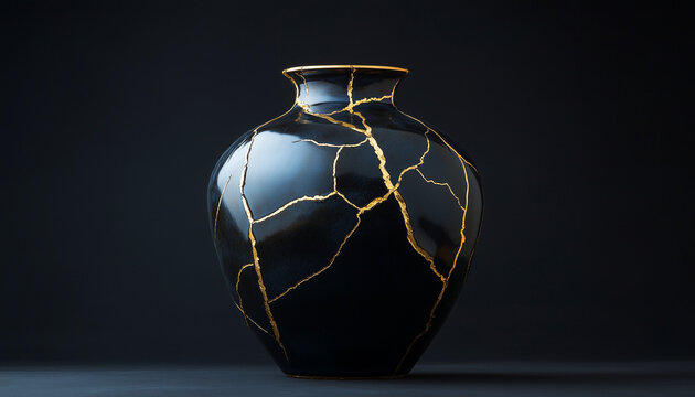  beautifully restored broken ceramic vase using the Kintsugi technique, with golden seams running through the cracks. The vase sits on a dark, almost black background, creating a dramatic contrast 