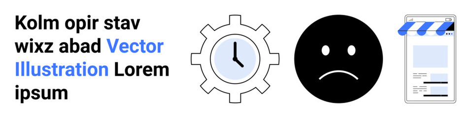 Gear-shaped clock, sad face, business storefront graphic page. Ideal for productivity, emotion, e-commerce, web design, innovation, user experience simple landing page