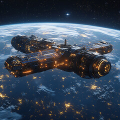 A futuristic space station orbiting Earth with advanced solar panels and futuristic architecture