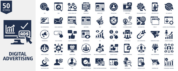 Digital Advertising Icon Set glyph Style with PPC, SEM, Social Media Ads, Display Ads, Native Ads, Retargeting, Video Ads, Programmatic Ads, Influencer Ads and Ad Campaign
