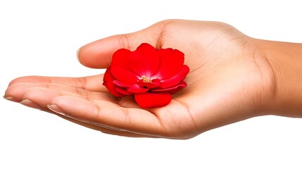 Red flower in open hand.