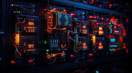 Fototapeta premium Complex circuit board with glowing components. Intricate network of wires and electronic parts