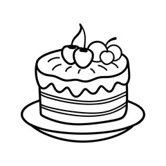 Black and white illustrated cake with topping of cream and cherries silhouette isolated on white background