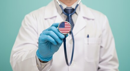 Fototapeta premium Dedicated american healthcare professional presents stethoscope with flag detail