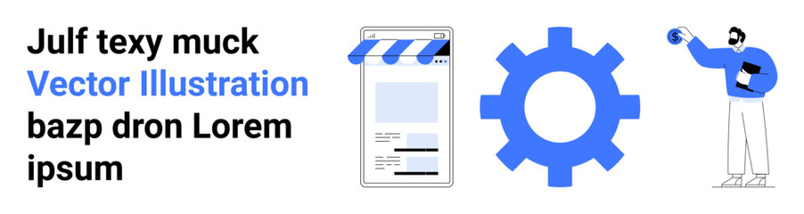Text elements beside webpage interface, gear icon symbolizing functionality, and user with a device. Ideal for technology, innovation, UX design, digital tools, online services, app development