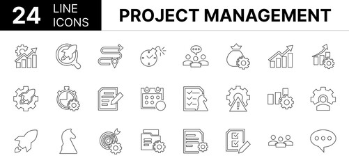 Collection of 24 Project management line icons featuring editable strokes. These outline icons depict various modes of Project management, finance, growth, goal, setup, workflow, meeting, 
