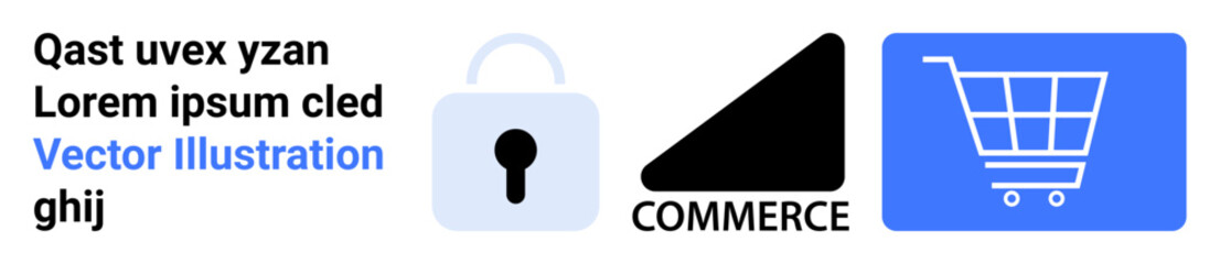 Lock for security, commerce triangle, shopping cart on blue background. Ideal for e-commerce, online security, retail, payment systems, app design, marketing simple landing page
