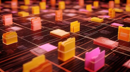 Abstract network grid with files and folders, futuristic software interface, digital document management system, store, search and organize documents, corporate business, paperless office	