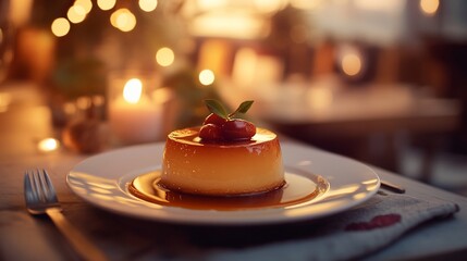 Elegant caramel flan dessert, romantic setting with bokeh lights ambiance