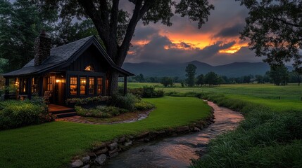 Obraz premium Cozy cabin at sunset, nestled in a valley