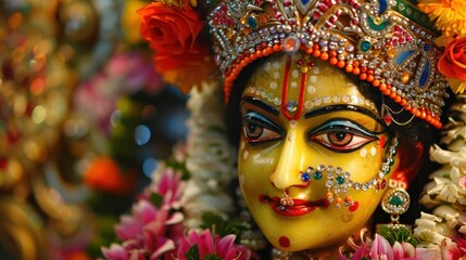 Vibrant Hindu Goddess Idol with Detailed Ornamentation and Flowers
