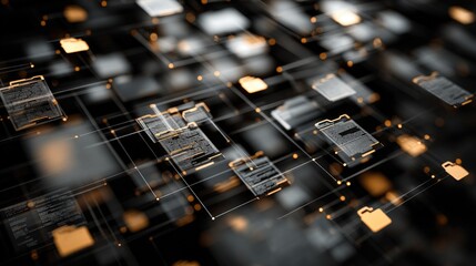 Abstract network grid with files and folders, futuristic software interface, digital document management system, store, search and organize documents, corporate business, paperless office	