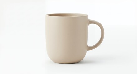 Minimalist beige ceramic mug on a clean white backdrop for a cozy morning