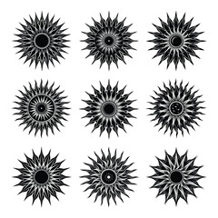 Black and white sunburst illustrations with detailed rays silhouette isolated on white background