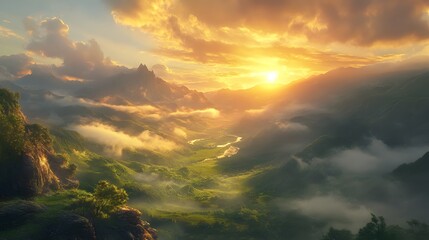 Serene Sunrise Over Rolling Hills and Misty Valleys in Nature