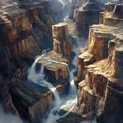 A cascading river cutting through a canyon with layered rock formations, dynamic and awe-inspiring