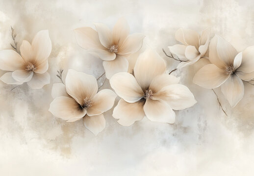 white and beige abstract flowers, oil painting, beige background, beige color palette, brown and white, neutral tones.