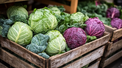 A wooden crate filled with various types of cabbage green, red, and savory, at a farmer's market.