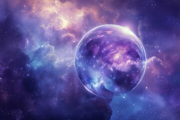 Fototapeta premium A vibrant cosmic scene featuring a glowing purple planet amidst swirling clouds and stars in deep space