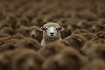 Unique White Sheep Standing Out Among Brown Herd Highlighting Individuality