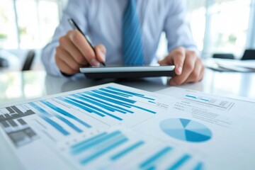 Data processing and analysis with graphical representations in a business setting, data processing and diagrams over caucasian man using smartphone