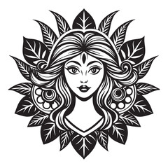 Floral flower with women face outline vector art illustration