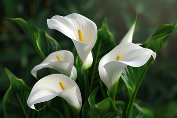 Elegant calla lilies blooming in a lush green garden during spring