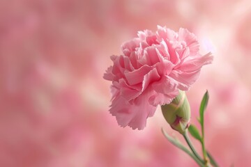 Pink carnation blooming elegantly against a softly blurred pastel background in springtime