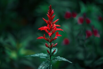 Bright red flower rises above lush green foliage in a vibrant garden setting during the daytime