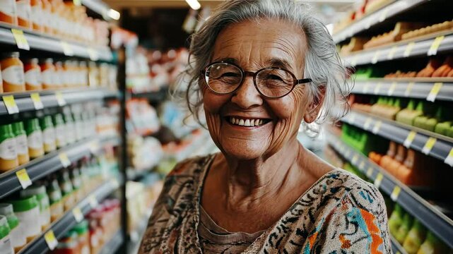 Elderly woman smiles happily while shopping in a vibrant city store during a sunny afternoon, Elderly woman smiling while shopping in a city store