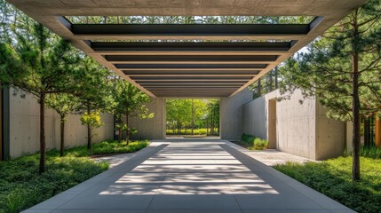 Obraz premium Modern concrete entryway with canopy over garden