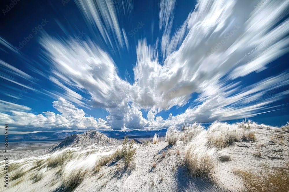 Aufkleber clouds move rapidly over a desert mountain range in a time-lapse captured under a bright blue sky, t