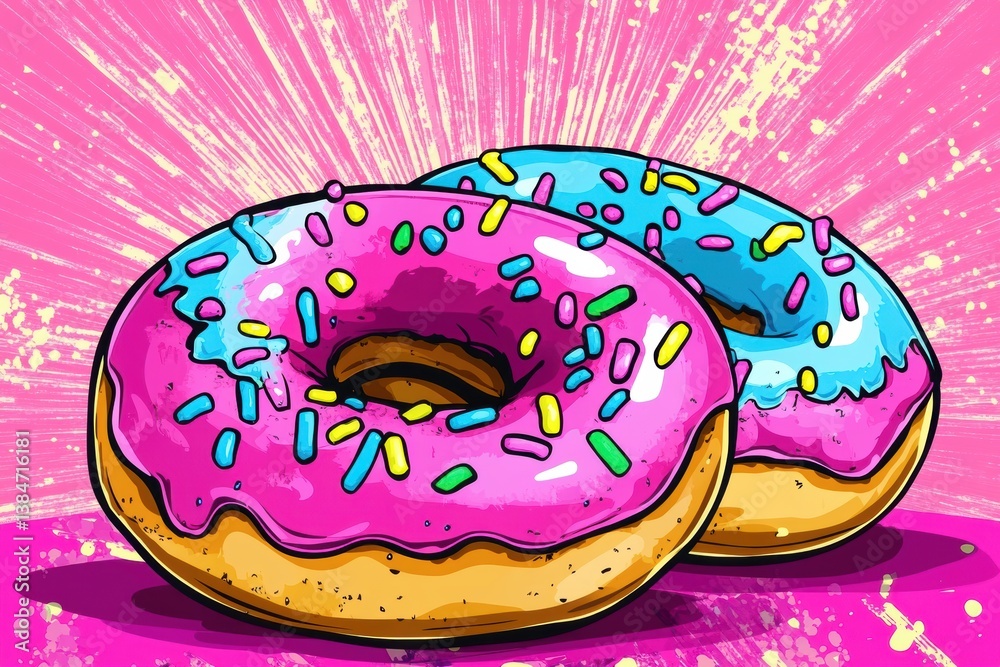 Poster playful cartoon donuts with rainbow frosting and colorful sprinkles create a fun atmosphere in a vib
