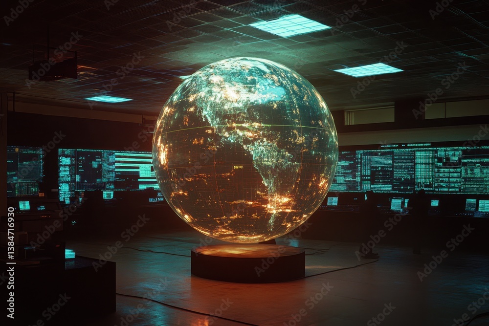 Poster global data processing center showcasing interactive globe with illuminated networks and analytics d