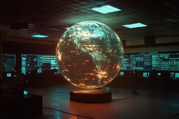 Global data processing center showcasing interactive globe with illuminated networks and analytics displays, data processing over globe