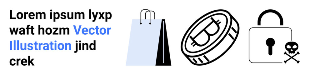 Shopping bag, cryptocurrency coin, and padlock with skull highlight online shopping, digital currency, and security. Ideal for e-commerce, fintech, consumer safety, digital security blockchain