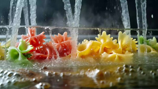 Boiling farfalle tricolore pasta in hot water with vibrant colors in a cooking pot, Farfalle tricolore pasta in boiling water Shot on super slow motion camera 1000 fps
