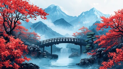 Serene japanese landscape misty mountains & vibrant bonsai by a tranquil lake for nature lovers