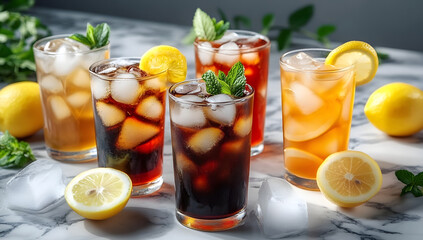 Fototapeta premium Assorted iced beverages in glasses with lemon and mint, featuring soft drinks and juices on a marble surface.