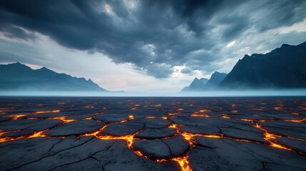 Fototapeta premium A dramatic volcanic landscape featuring cracked earth, glowing lava, and dark stormy skies, creating a striking contrast against towering mountains.