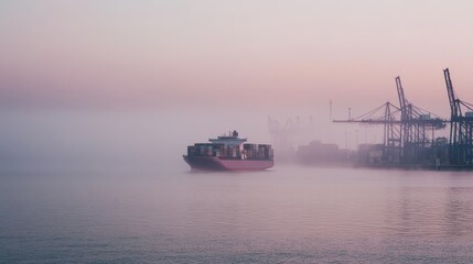 Fototapeta premium Boat Navigating Through Misty Harbor at Sunrise with Cranes