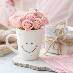 A soft pastel-themed aesthetic featuring a white ceramic mug, with a delicate bouquet of pink rose for National Pinkfix Day